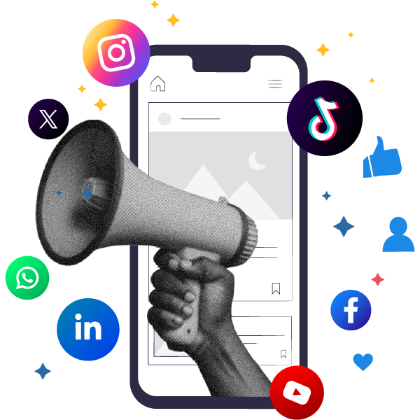 Megafone a sair de um smartphone rodeado de ícones de redes sociais
